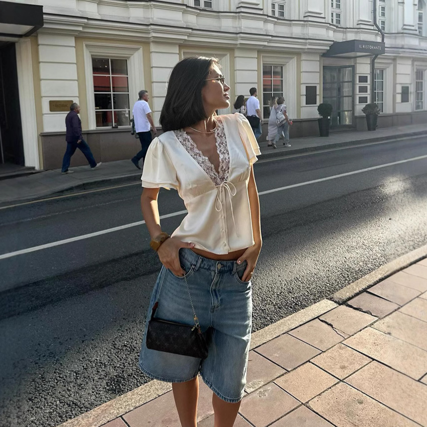 Women's Cream Short Sleeve V-Neck Top with Lace Trim & Tie Front - Image 3